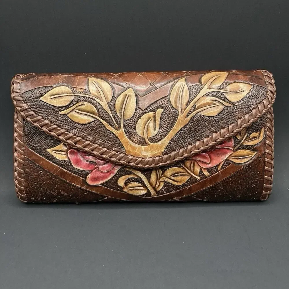 Vintage Hand Made Carved Leather Red Brown Tree Flower Floral Wallet Card Holder